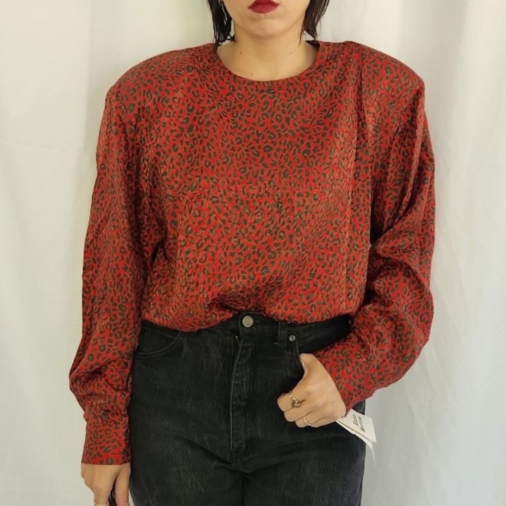 80s/90s Deadstock Red Cheetah Print Silk Blouse